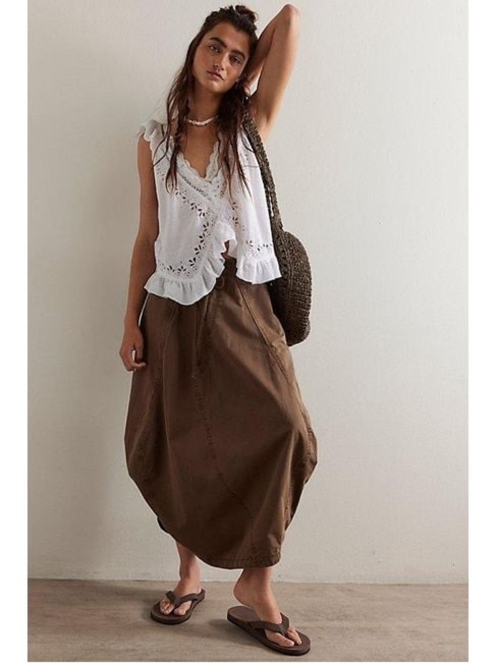 Free People Willow Poplin Midi Maxi Skirt Brown Utility Boho Parachute - Picture 1 of 14